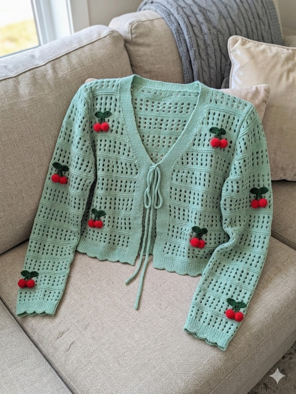 Coquette Cherry Knit Cardigan Mint Green Tie Front Cropped Pointelle Sweater - Picture 2 of 11